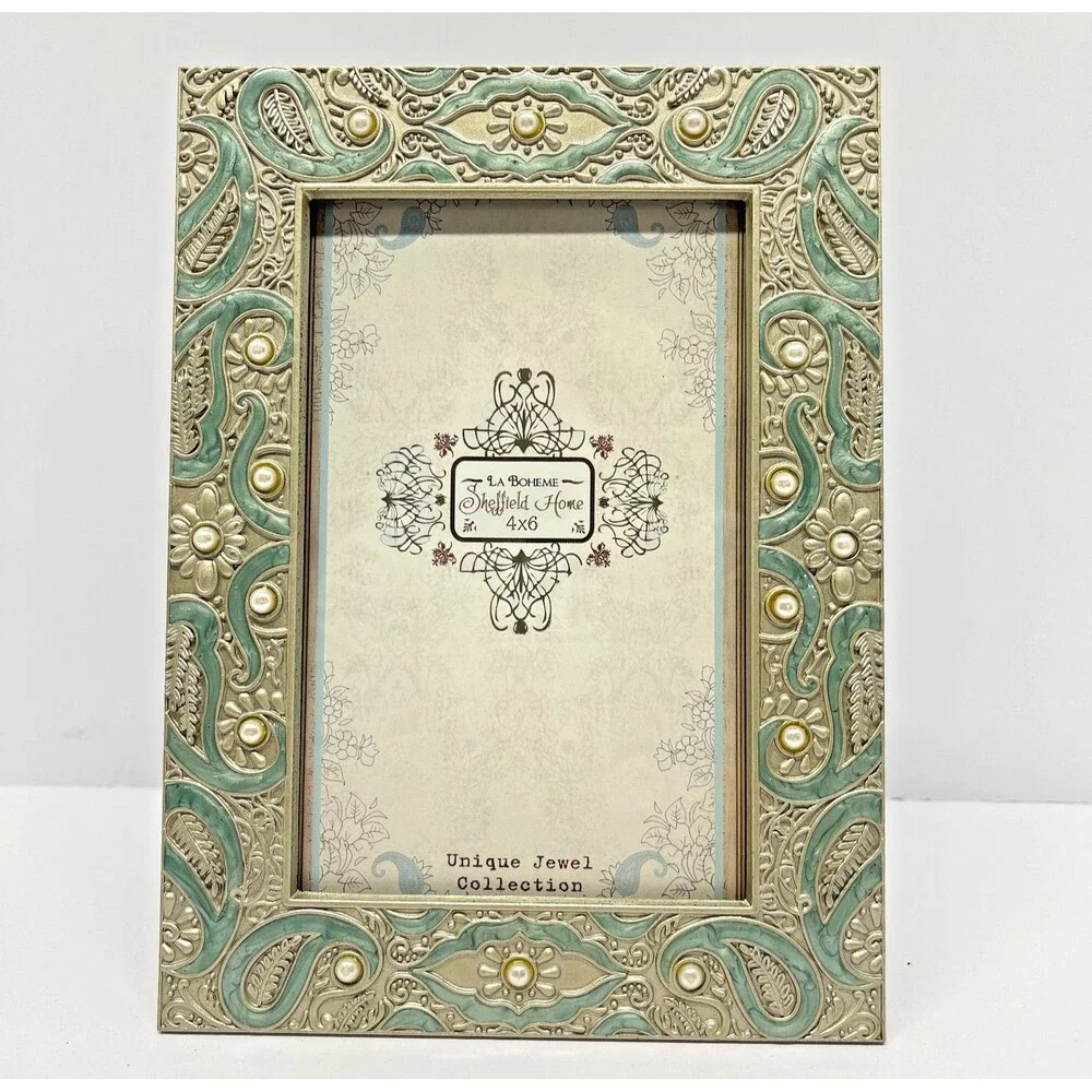 Sheffield Home set of (2) 4x6 Pewter Picture Frames-Ornate/Jeweled-Green & Gold